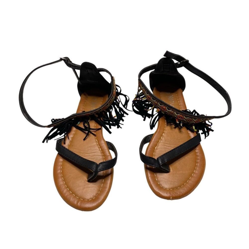 Nature Breeze Black Fringe Beaded Boho Sandals Womens Size 6.5 Ankle Strap